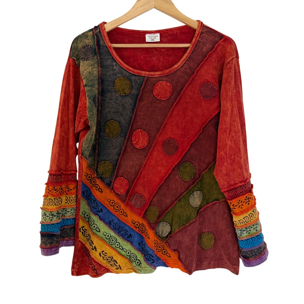 Greater Good Patchwork Top Womens XXL Red Boho Long Sleeve Cotton Excellent